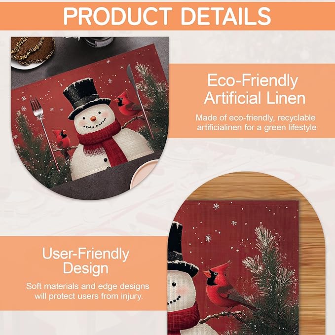 Christmas Snowman Placemats Set of 6,Cardinal Washable Kitchen Dining Linen Table Mats for Home Party Dinner Indoor Outdoor 12x18Inch