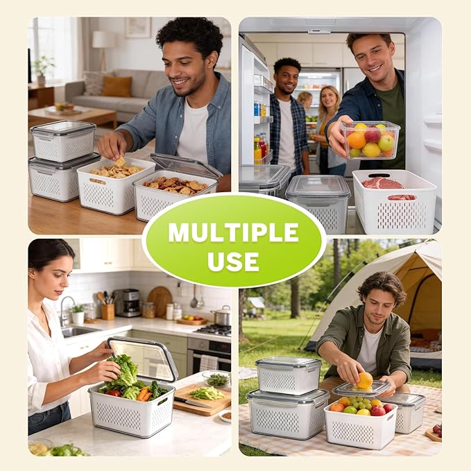 HOMETALL 5 Pack Fruit Storage Containers for Fridge, Plastic Fruit Containers for Fridge with Removable Colanders, Leakproof Fridge Organizers and Storage for Berry Vegetable Salad Lettuce Meat Food