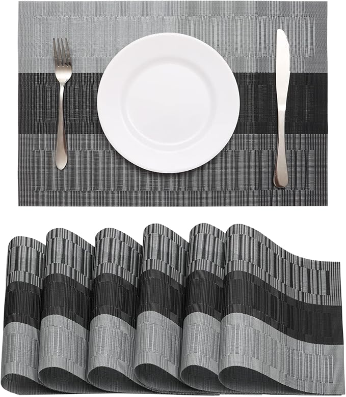 HeloHo Black Placemats Set of 6 Washable Place Mats Vinyl Woven Table Mats Wipeable Placemat for Kitchen Dining Table Decoration Indoor Outdoor