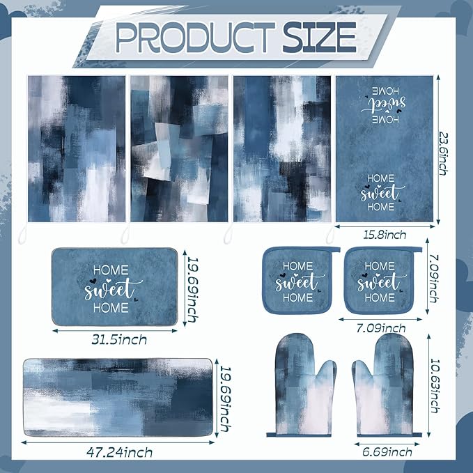 Fourluoo 10 Pcs Blue and Grey Kitchen Decor Oven Mitts and Pot Holders Kit Grey White Dish Towels Kitchen Rugs Modern Abstract Geometric Pattern Oven Glove for Home Decor Baking Cooking Birthday Gift