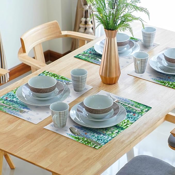 Watercolor Christmas Trees Place Mats - Welcome Winter Birds Placemats Set of 4 Snowflake Art Table Mat for Indoor Outdoor Dining Decorations 12 x 18 Inch