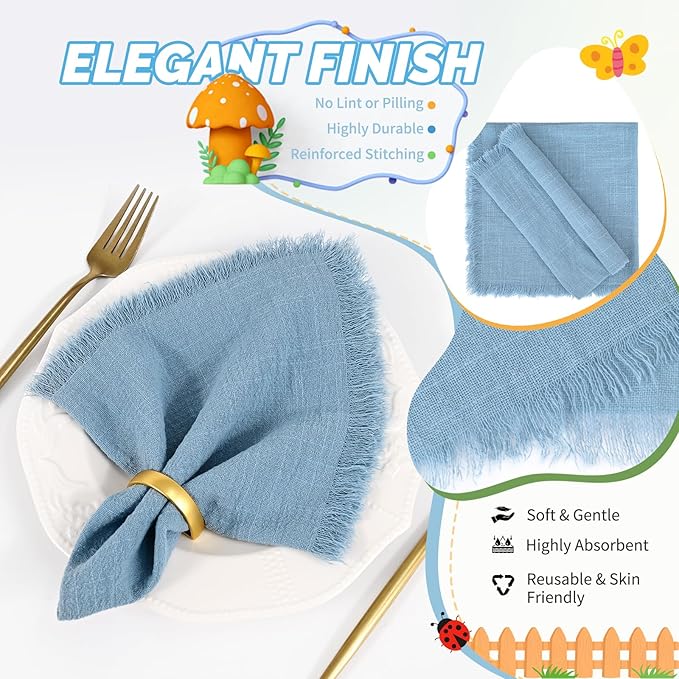 Showgeous 30 Pack Dusty Blue Cloth Napkins with Fringe 16x16 inch 100% Cotton Blue Napkins Handmade Dinner Napkins Bulk Washable Soft Rustic Table Napkins for Wedding Parties Bridal Baby Shower