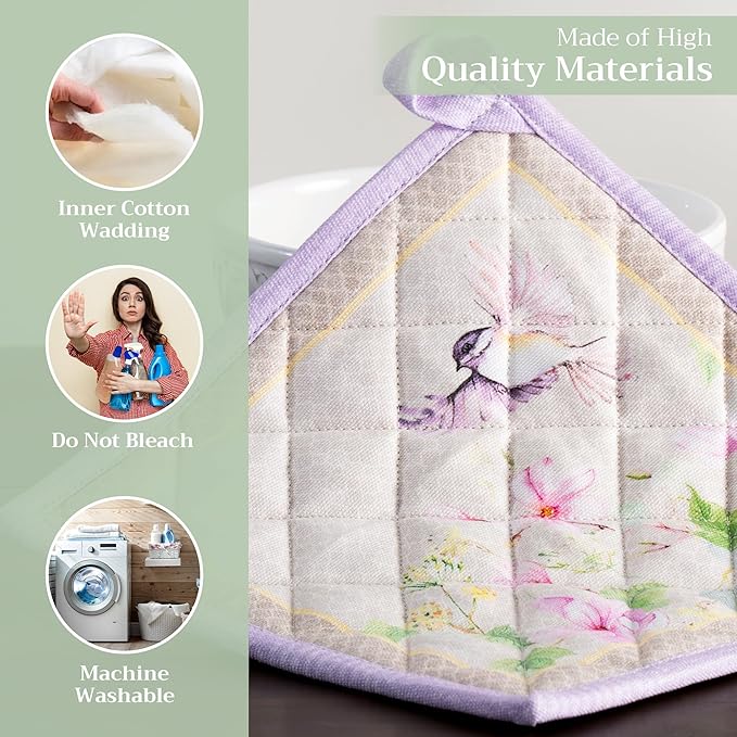 Maison d' Hermine Pot Holders 100% Cotton Heat Resistant Potholders 8" x 8" Hot Pads with Loop Cooking Baking Gifts for Mothers Day Handling Hot Pans Spring/Summer (Pack of 2, Magnolia Mornings)