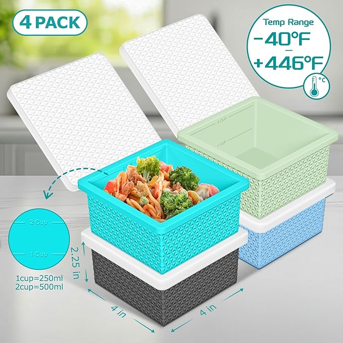 Silicone Freezer Molds for Soup Cube - 2-Cup Freezer Storage Container Tray with Lid,4 Pack Stackable Ice Cube Trays for Portion Control,Food Storage & Meal Prep (Blue+Green+Light Blue+Dark Gray)