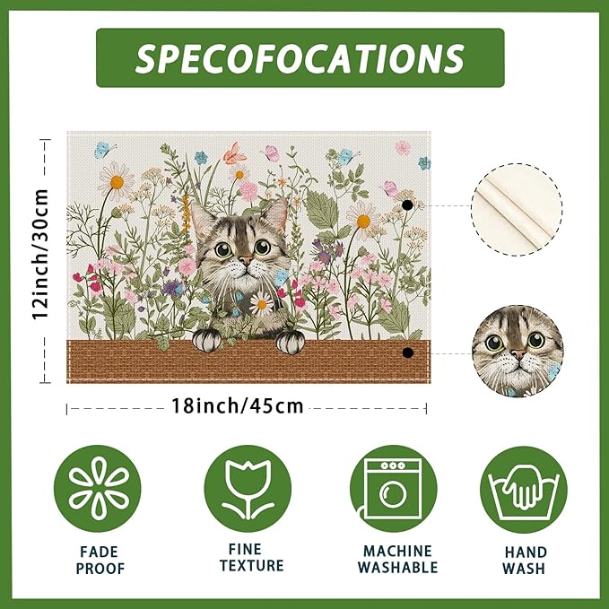 XCHI Wildflowers Cat Daisy Spring Placemats Set of 4 Summer Table Mats for Party Home Kitchen Dining Table Decorations 12x18 Inch