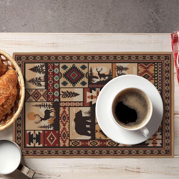 Rustic Brown Wildlife and Tribal Pattern Linen Placemats Set of 4, Heat Resistant Cute Bear Deer Table Mats for Dining Table Kitchen Party Cabin, Vintage Home Decor & Gifts for Outdoor Nature Lovers