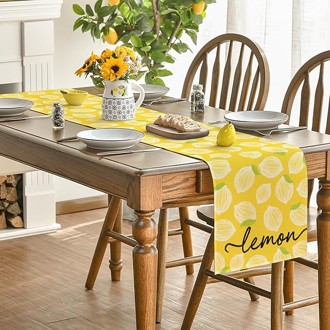 Artoid Mode Yellow Leaves Lemon 210 GSM Summer Table Runner, Seasonal Kitchen Dining Table Decoration for Home Party Decor 13x36 Inch