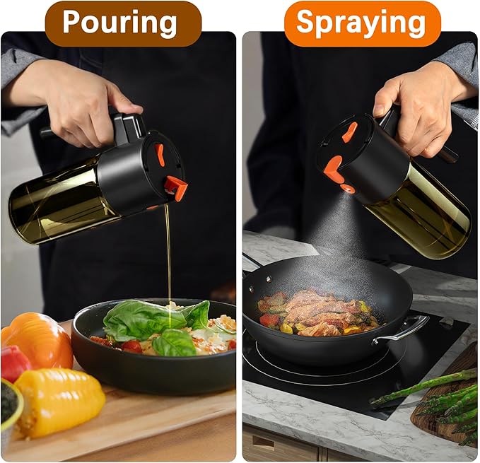Glass 2 In 1 Olive Oil Dispenser Bottle for Kitchen Gadgets, Olive Oil Sprayer for Cooking 17oz/500ml (Light Blockage, Black)