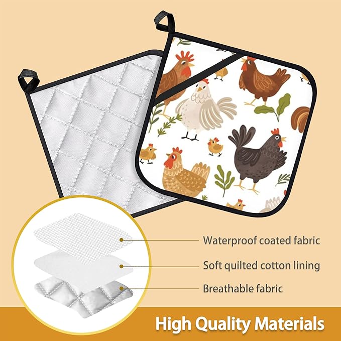 Cute Roosters Pot Holder Set of 2,Heat Resistant Potholders Oven Hot Pads for Kitchen Cooking Baking BBQ