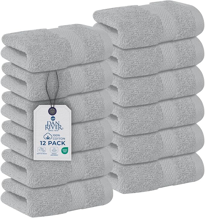 DAN RIVER 12-Pack Premium 100% Cotton Highrise Face Towels for Bathroom - Reusable Face Wash Cloths for Showering 12x12 Inches - 550 GSM Super Soft & Absorbent Luxury WashCloths for Body, Spa & Gym
