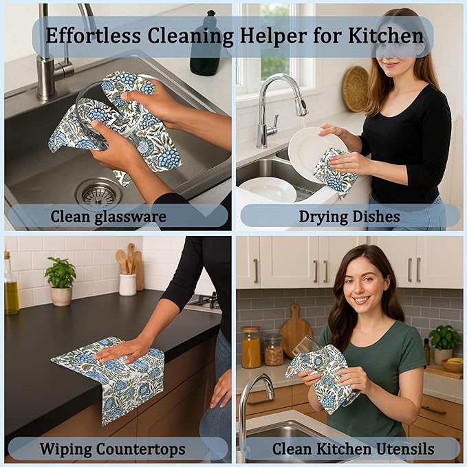 Ridhi Asparagus Green Hand Block Print Cotton Waffle Dish Cloth Set of 6-12x12 Inch Super Absorbent, Soft, Reusable Kitchen Towels for Dish Drying Cleaning, Ideal for Spring, Easter, Valentine