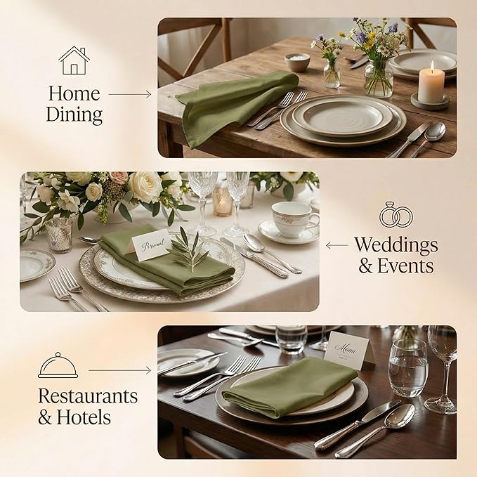 Accent Home 100% Cotton Napkins, Delicate Cloth Napkins for Dinners, Parties and Weddings，18 x 18 Inch Set of 6 - Olive Green