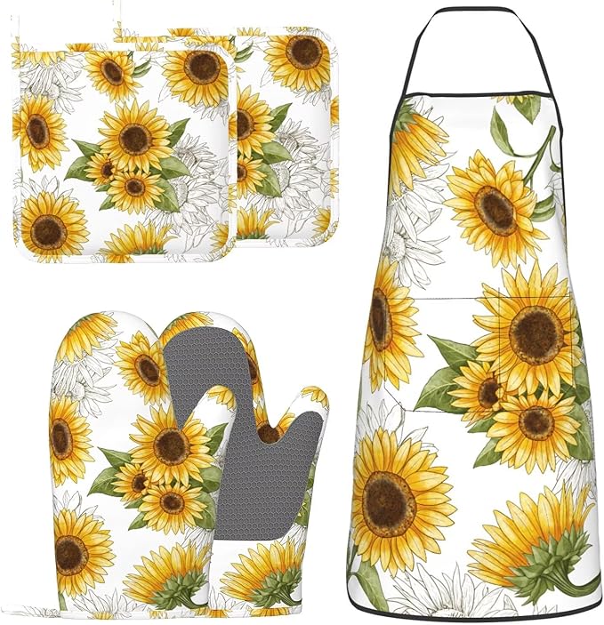 Yellow Sunflower Oven Mitts Sunflowers Pot Holders Yellow Flowers Cooking Apron Set of 5 Silicone Kitchen Glove Apron Non-Slip Heat Resistant for Chef Baking Cooking Grilling BBQ