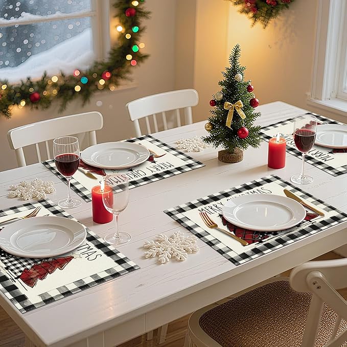 Bloss Christmas Placemats Set of 6,Red and Black Buffalo Plaid Christmas Trees Table Placemats,12x18 Inch Seasonal Winter Xmas Holiday Kitchen Dining Tables Mats for Indoor Outdoor Home Party Decor