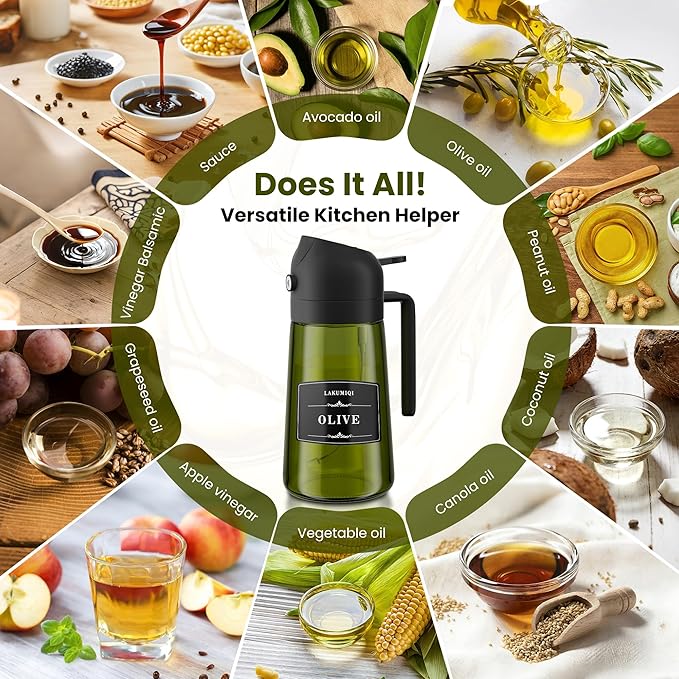 LAKUMIQI 2 in 1 Oil Sprayer for Cooking, 16oz Olive Oil Dispenser Bottle for Kitchen, Food Grade Light-Blocking Leak Proof Glass Spray Bottle for Salad, Air Fryer, BBQ