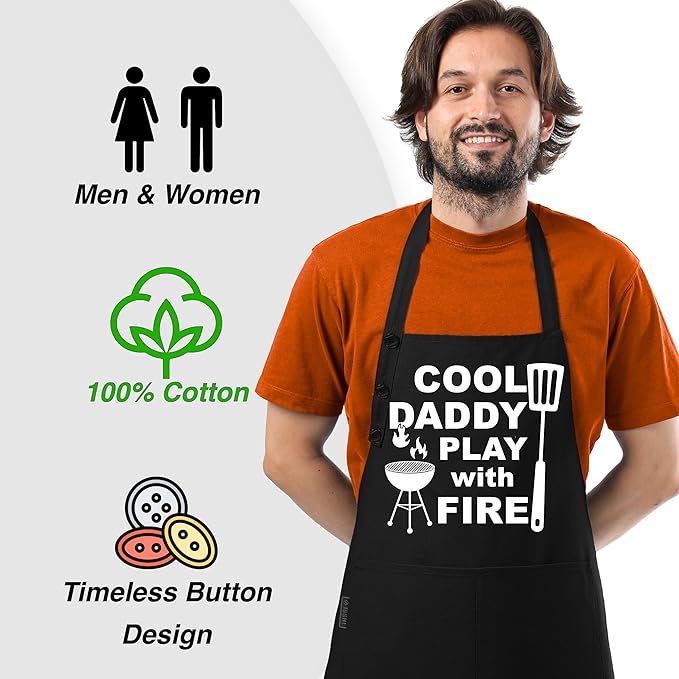 TOSHE Funny Apron Waterdrop Resistant Cotton Apron with adjustable Aprons for Women with Pockets 12 Color option Cooking (Black - Cool Daddy Play with Fire)
