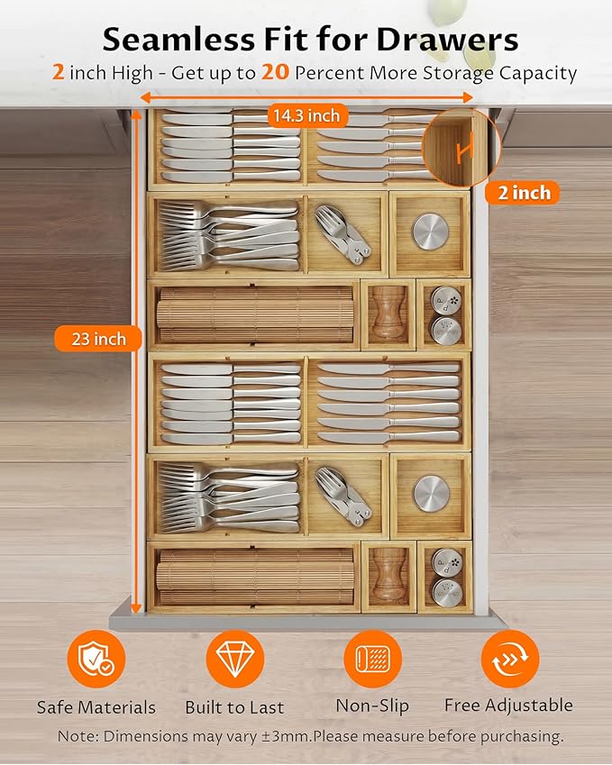 12-Piece Bamboo Desk Drawer Organizer Set – Adjustable Storage Boxes with 24 Compartments, Non-Slip, Modular Design for Office, Jewelry, Vanity, and Kitchen Utensil Drawer Storage