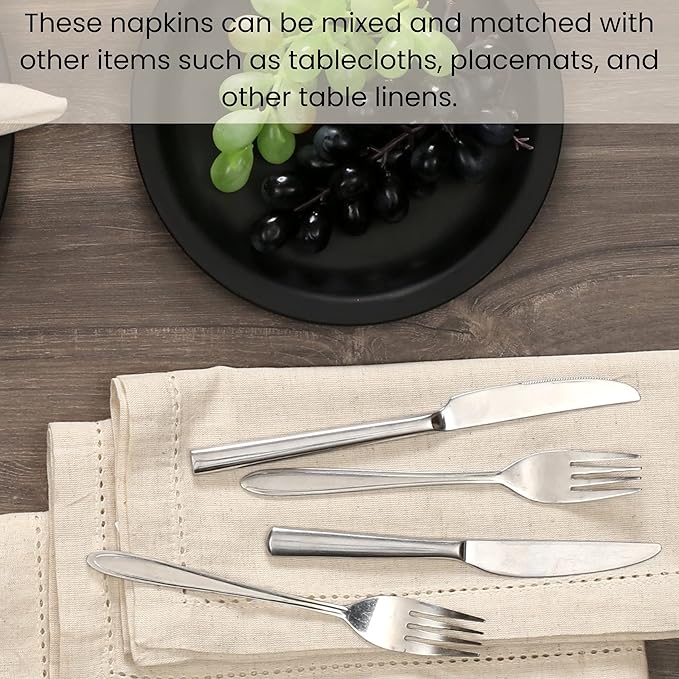 Cotton Clinic 12 Pack Hemstitch Cloth Dinner Napkins Oversized 20x20, Linen Cotton Fabric Tailored with Mitered Corner - Cocktail Napkins, Wedding Dinner Napkins Natural