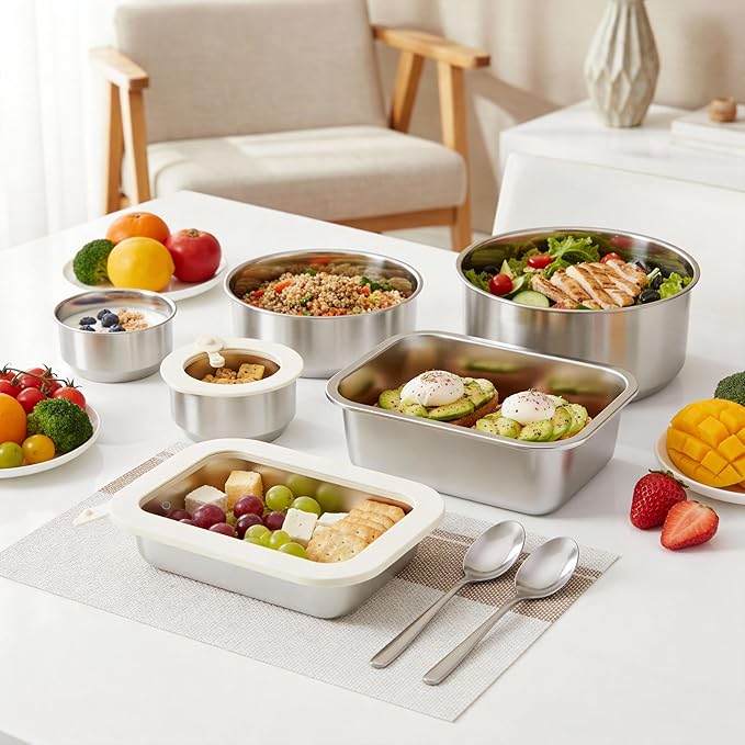 Stainless Steel Food Containers with Glass Lid, Airtight Leakproof Stainless Steel Storage Containers in set of 4, Rectangle Shape, Microwave Safe Food Container Set, 100% Plastic Free, BPA Free