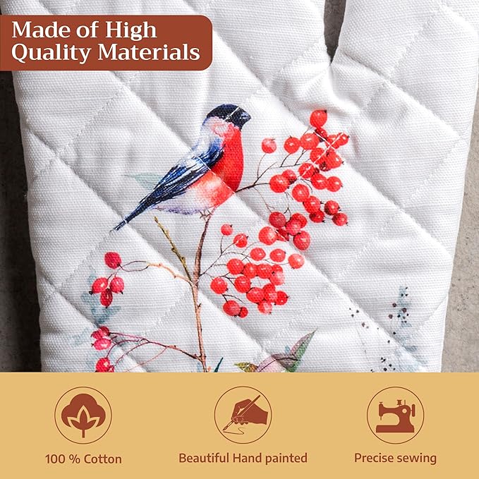 Maison d' Hermine Oven Gloves 100% Cotton Oven Mitt 7" x 13" with Loop Heat Resistant BBQ Cooking Gloves for Thanksgiving Christmas Decorations Baking Handling Hot Pans (Pack of 1, Morzine)