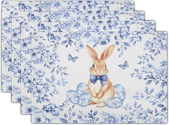 Rabbit Easter Placemats for Dining Table 12 X 18 in Holiday Decoration Rustic Vintage Washable Table Mats Set of 4 Blue