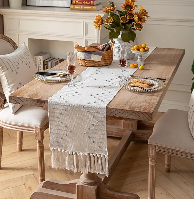 Boho Table Runner 13 x 48 Inch Long Natural Cotton Woven Runner with Tassels for Home Dining Table décor, for Modern Farmhouse Decor Coffee Table Runner, Grey and Beige
