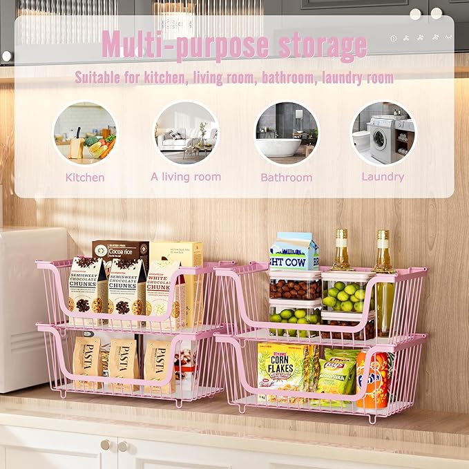GAOKASE 4 Pcs Stackable Wire Baskets for Pantry Organizers and Storage,Vegetable Fruit Basket for Countertop,Kitchen Storage Metal Baskets,Produce Potato Onion Storage Bin,pink