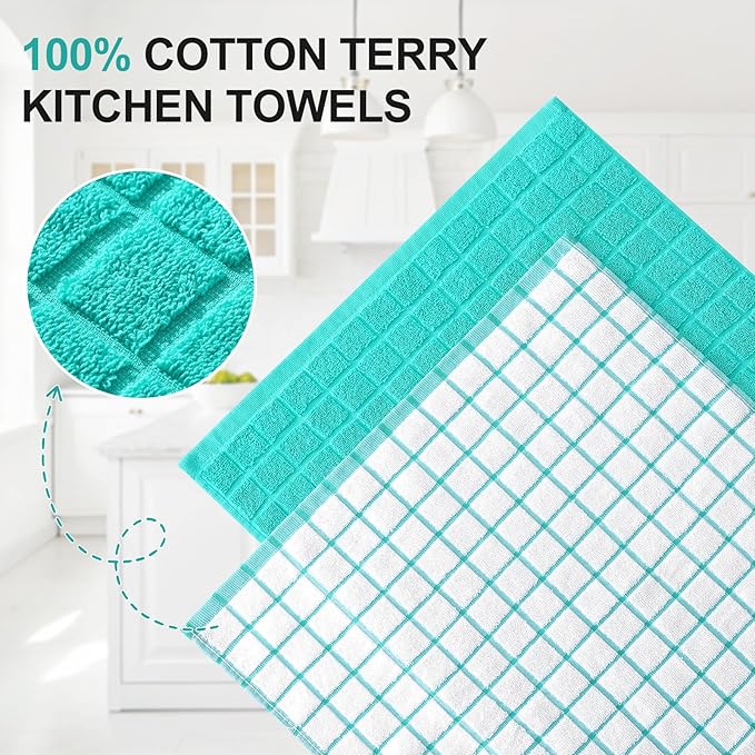 Homaxy Premium Cotton Kitchen Towels 16"x 28", Large Natural Ring Spun 390 GSM Dish Towels, Super Absorbent Terry Kitchen Hand Towels, Soft Tea Towels with Hanging Loop, Aqua Check Design, 6 Pack