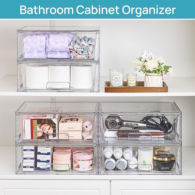 Vtopmart 4 Pack Large Stackable Storage Drawers,Easily Assemble Clear Acrylic Bathroom Closet Undersink Organizers,Plastic Storage Bins for Cabinet,Kitchen Pantry,Medicine Organization