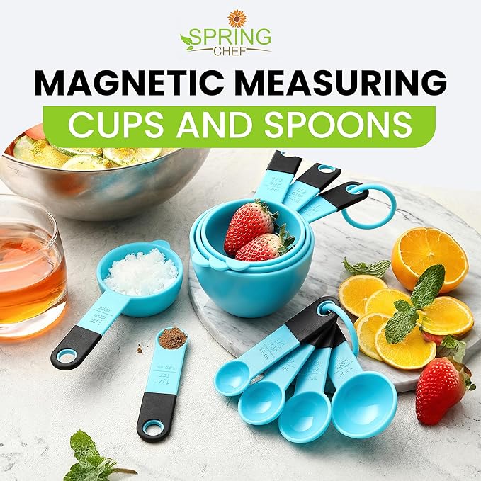 Spring Chef Magnetic Measuring Cups and Spoons Set of 9, Nesting Plastic Kitchen Tool with Easy to Read Markings - Measure Dry or Liquid Ingredient, BPA Free, Aqua Sky
