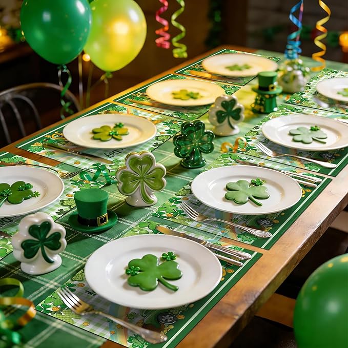 comfoyar St. Patrick's Day Placemats Set of 4, 12x18 Inch Non-Slip Linen Shamrock Lucky Clover Place Mats, Washable Absorbent Gnome Truck Coins Table Mats for Kitchen Dining Party Table Decoration