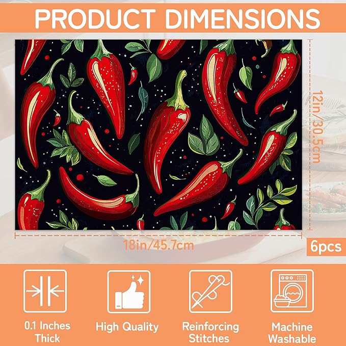 Red Pepper Placemats Set of 6,Dinner Table Mats Non-Slip Washable Mats for Kitchen Dinner Party Tablemat 12x18Inch