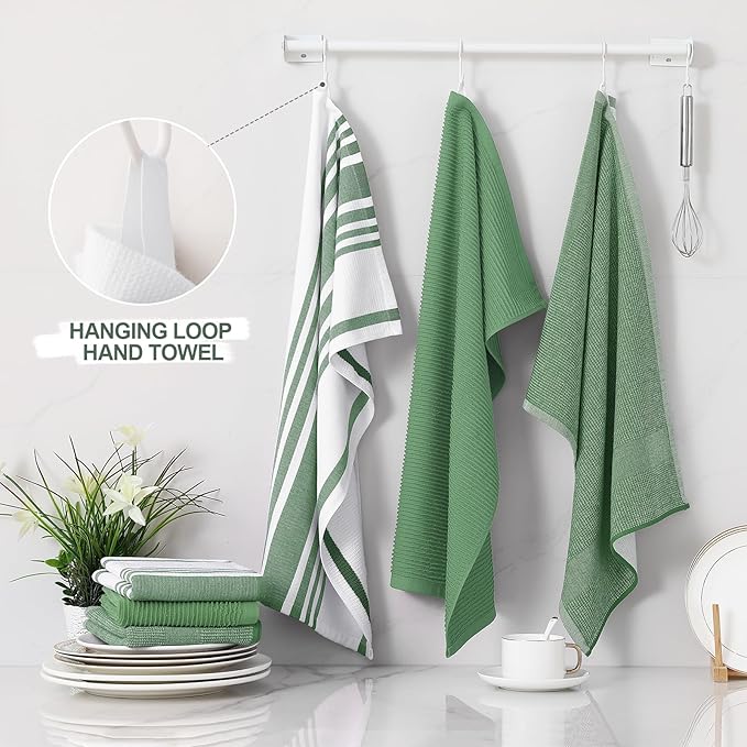 Homaxy Premium Kitchen Towels(18”x 28”, 3 Pack), Large Cotton 380 GSM Kitchen Hand Towels, Soft and Absorbent Terry Dish Towels, Multipurpose Tea Towel Set with Hanging Loop, Grass Green