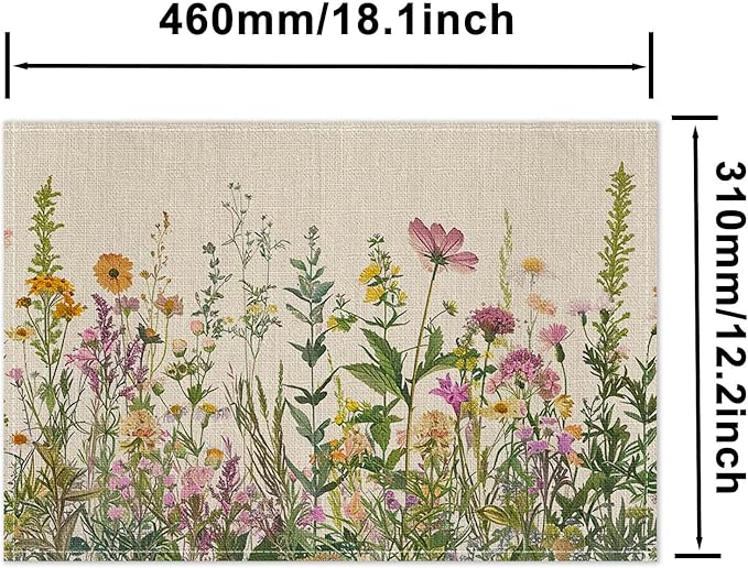 HOMETITUTE Floral Linen Placemats Set of 4 12x18 inch Spring Table Mats for Dining Table Farmhouse Decorations Kitchen Decor Desk Mat for Outdoor Home Party Kitchen Seasonal Dining Decor