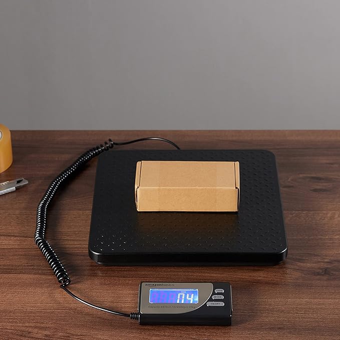 Amazon Basics Digital Postal Scale with Tare Function, Heavy Duty, Aluminium Platform, 440 lb Capacity, Digital Shipping, Portable, Black