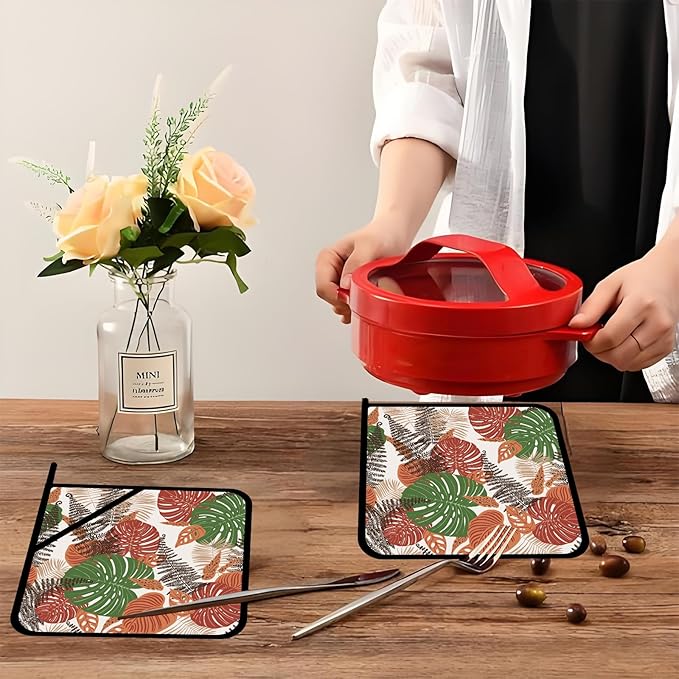 Pot Holders Set of 2 Heat Resistant & Non Slip Potholders,Boho Abstract Geometric Tropical Leaves Oven Hot Pads for Kitchen Cooking Baking Barbecue and Gifts for Women