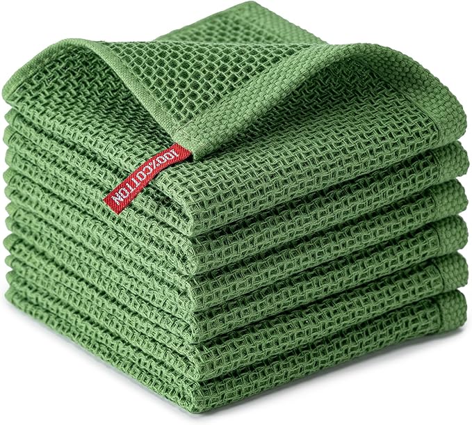 BOOMIBOO 6-Pack Kitchen Dish Cloths, 100% Cotton Waffle Weave, Ultra Soft Absorbent, Quick Drying Dish Towels, 12x12 Inches,Grass Green