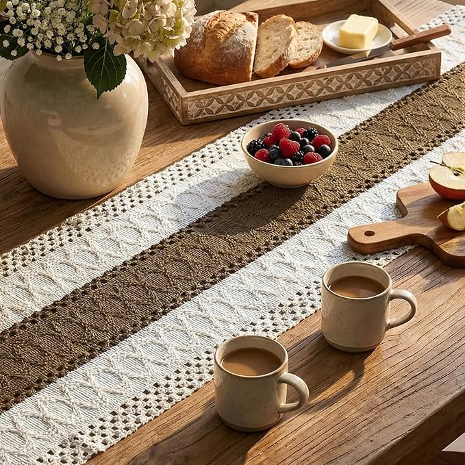 Artoid Mode Light Coffee Farmhouse Rustic Table Runner, Seasonal Holiday Hollow Kitchen Dining Table Decoration for Home Party Decor 12x36 Inch