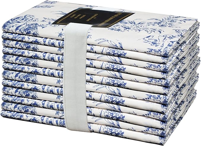 COTTON CRAFT Cloth Napkins - Set of 12-100% Cotton Reusable Country French Toile Dinner Napkin - Everyday Spring Summer Fall Christmas Holiday Party Gift - Soft Absorbent Serviette -18x18 - Blue