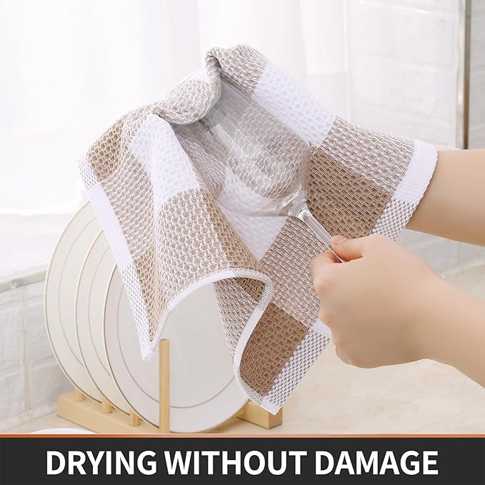 Homaxy 100% Cotton Waffle Weave Check Plaid Dish Cloths, 12 x 12 Inches, Super Soft and Absorbent Dish Towels Quick Drying Dish Rags, 6-Pack, White & Khaki