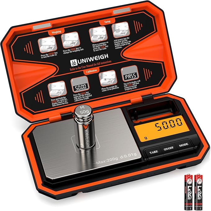 UNIWEIGH Digital Pocket Scale 200g/0.01g, Digital Scale Grams,6 Units Conversion Jewelry Scales,Coins Scale with LCD Display,Tare Function for Food,Powder,Small Items(Battery Included)-Orange