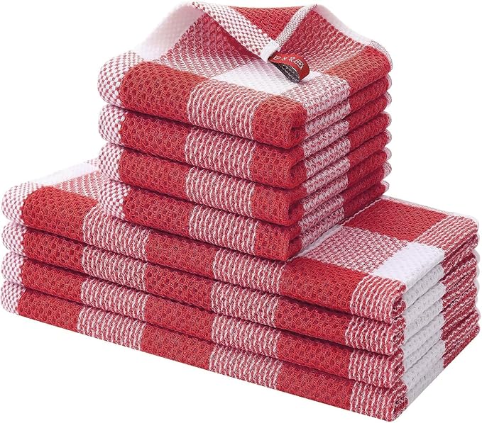 Homaxy Kitchen Towels and Dishcloths Set, 12 x 12 and 13 x 28 Inches, Set of 8 Bulk Cotton Waffle Weave Check Plaid Kitchen Towels, Super Soft and Absorbent Dish Towel, White & Red