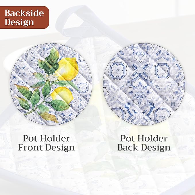 Maison d' Hermine Pot Holders 100% Cotton Heat Resistant Potholders 8" x 8" Hot Pads with Loop BBQ Cooking Baking Gifts for Mothers Day Handling Hot Pans Spring/Summer (Pack of 2, Citrus)