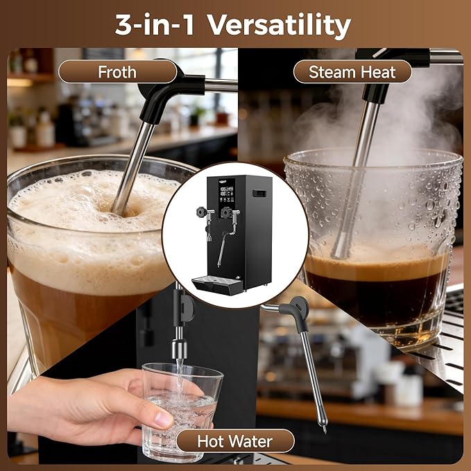 Commercial Steam Milk Frother,1.6Bar Fast Frothing in 15s,2000W 8L Boiler for Continuous Use, Temp Probe, Triple Safety, 3-in-1 Hot Water & Steam with LED Display for Coffee Shops& Restaurant
