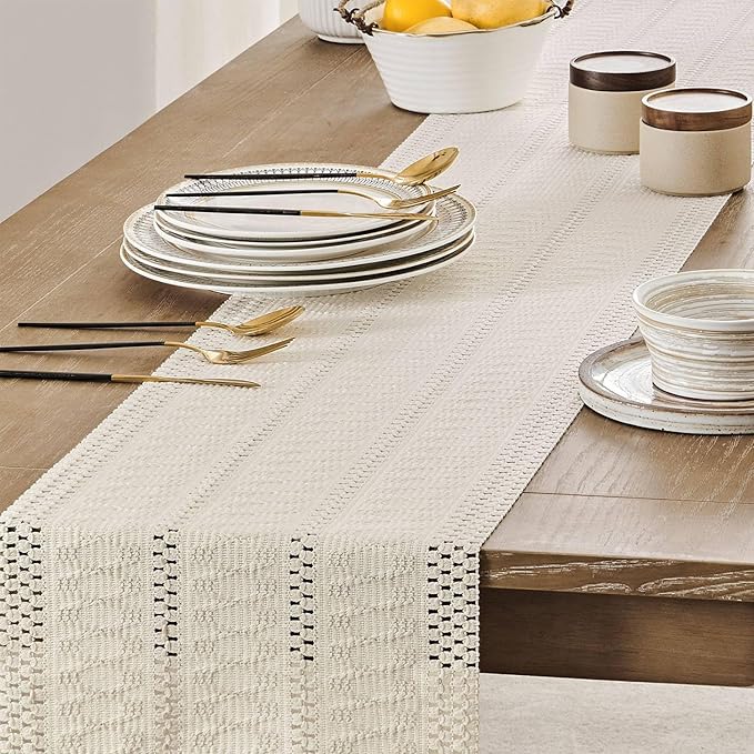 ZeeMart Macrame Style Boho Table Runner, Ivory Table Runners 90 Inches Long, Farmhouse Woven Home Decor, 12x90 Inch (12x98 Tassel Included), Ivory