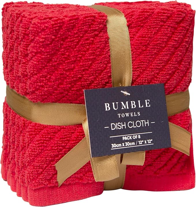 Bumble Towels Premium Kitchen Dish Cloths (12" x 12") | 8 Pack | Diagonal Deluxe Dish Cloth | High Absorbent Tea Towels Set | Red