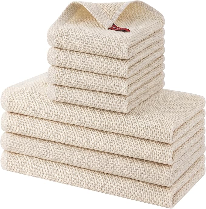 Kitinjoy 100% Cotton Kitchen Towels and Dishcloths Set, 8 Pack-13" x 28" and 12" x 12" Waffle Weave Dish Towels, Ultra Soft Absorbent Quick Drying Dish Rags, Beige