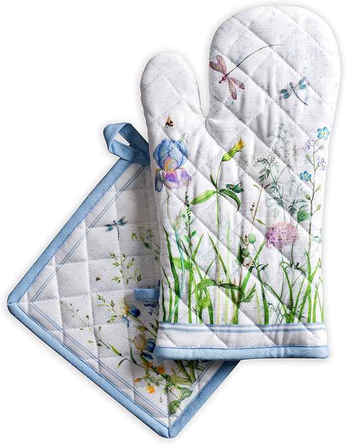 Maison d' Hermine 100% Cotton Oven Mitt & Pot Holder Set (7.5"x13" & 8"x8") Heat Resistant BBQ Cooking Gloves with Loop Baking Grilling Kitchen Gifts for Mothers Day Spring/Summer (Fleurs De Mai)