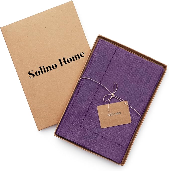 Solino Home Purple Linen Napkins Set of 6-100% Pure Linen Hemstitch Dinner Napkins 20 x 20 Inch for Mothers Day, Spring, Summer - Classic Hemstitch