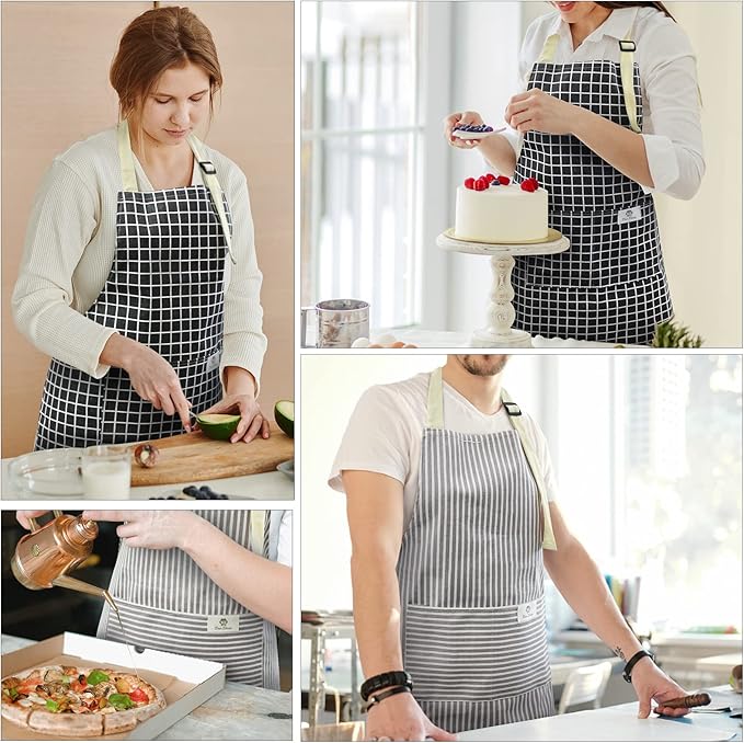 NLUS 2 Pack Kitchen Cooking Aprons, Adjustable Bib Waterproof Chef Apron with 2 Pockets for Men Women(Grey Stripe/Black Plaid)